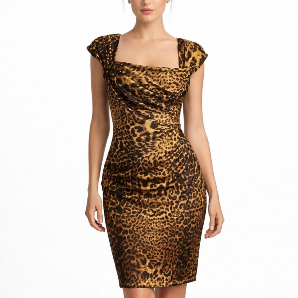 TADASHI Collection Dress Leopard Print Ruched‎ Bodycon Women’s Size 6 Midi